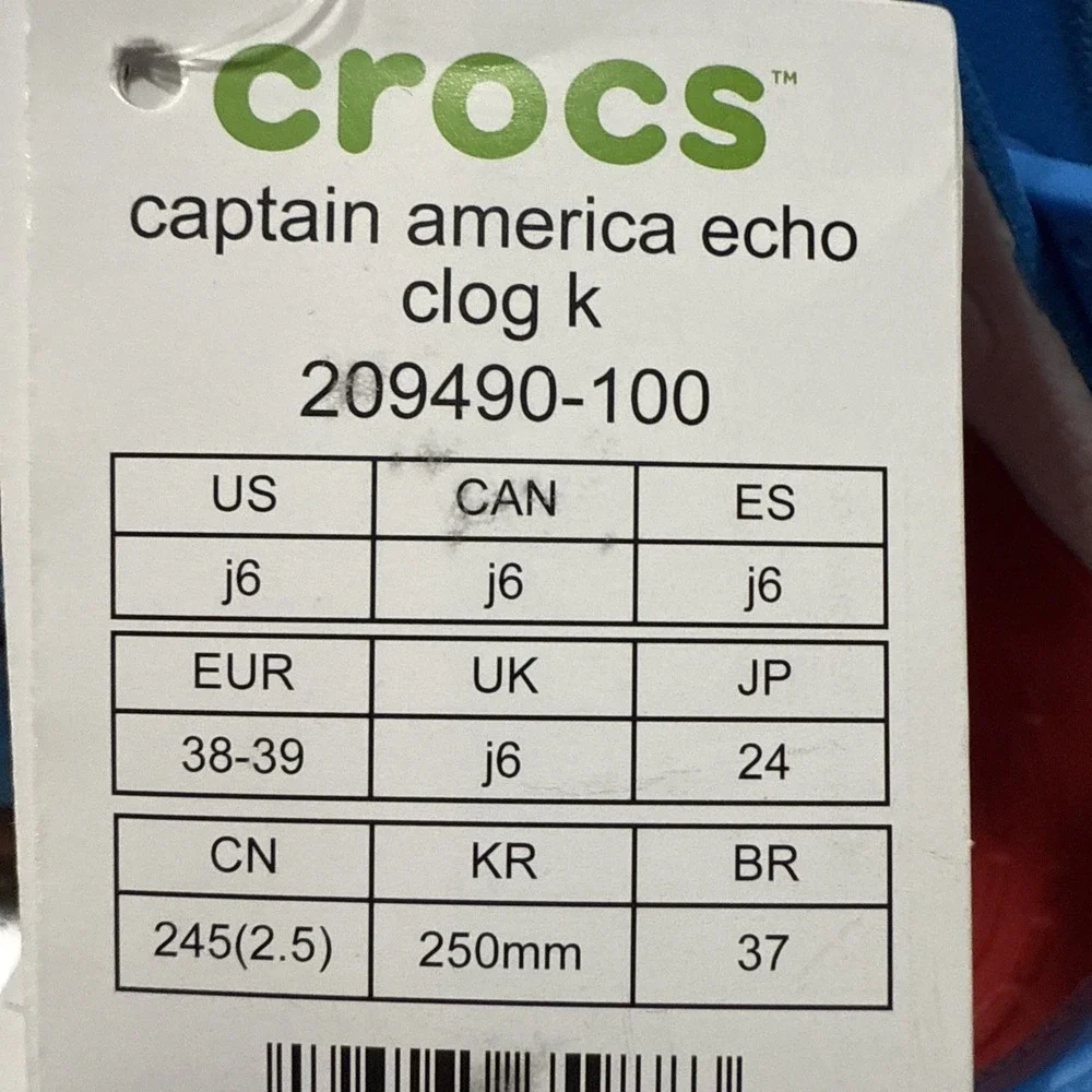 Marvel x Crocs Captain America Super‎ Hero Echo Clogs Kids Size J 6 NEW